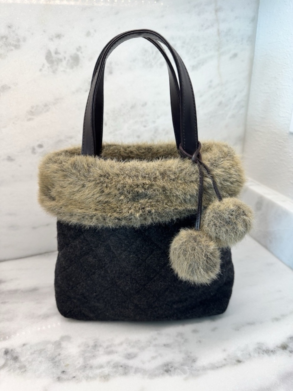 Bath & Body Works Faux Fur Trimmed Quilted Mini Tote Bag. Gray. Puff Balls!